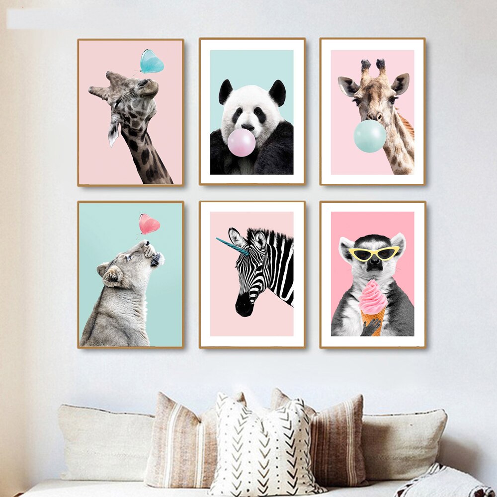 Baba Óvoda Fal Művészet Aranyos Rajzfilm Állat Képek Bubble Girafe Panda Plakátok Zeabra Vászon Festés Gyerek Hálószoba Dekor