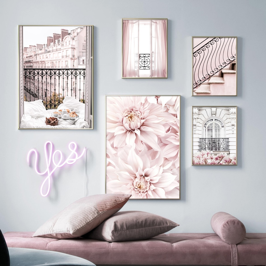 Rózsaszín Virágok Párizsi Ablakok Erkély Torony Fal Művészet Vászon Festmény Északi Plakátok És Nyomatok Faliképek Nappali Dekorációhoz