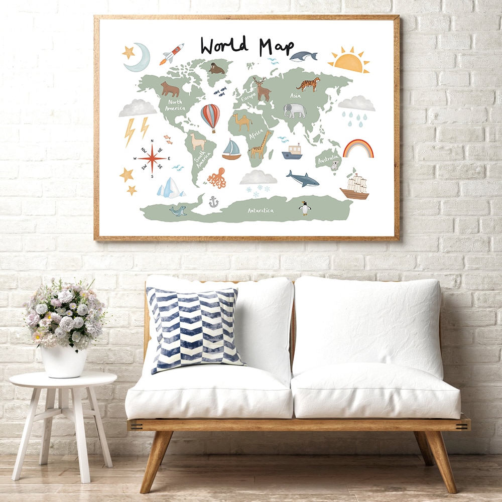 Woodland Animal World Map Poster Art Prints Óvodai Dekoráció Akvarell Térkép Állatokkal Vászon Festmény