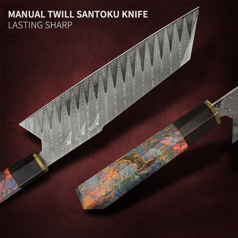 Fzizuo Santoku Kés Damaszkusz Acél Penge Stabilizált Fa Fogantyú Főző Kések Kézzel Készített Japán Stílusú Séf Késsel