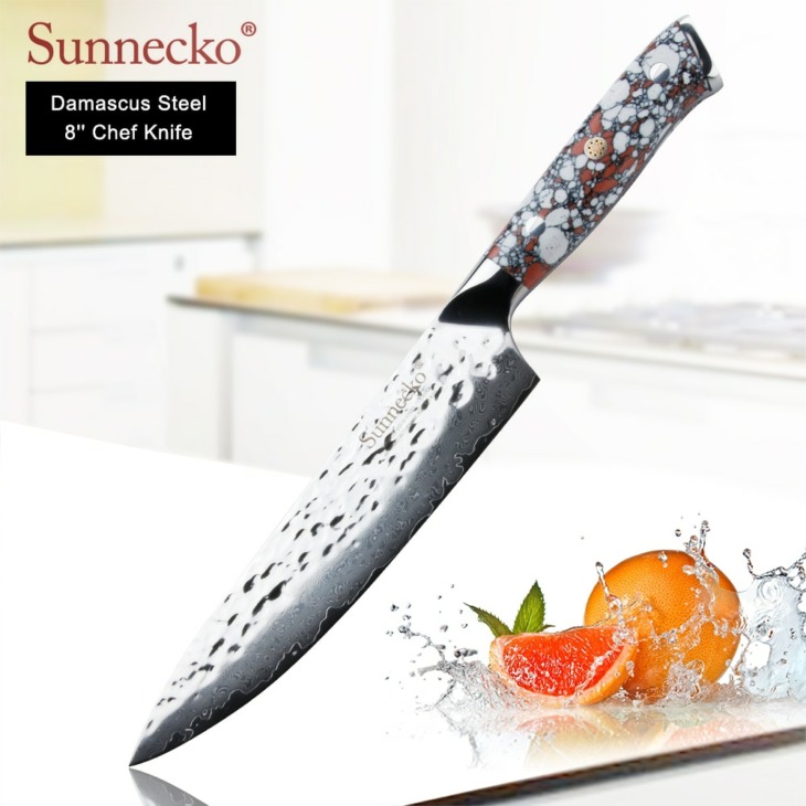 Sunnecko Premium 8 '' Séf Kés Damaszkusz Acél Japán Vg10 Hammer Blade Kitche Knife Jade Stone Szeletelő Vágó Kések