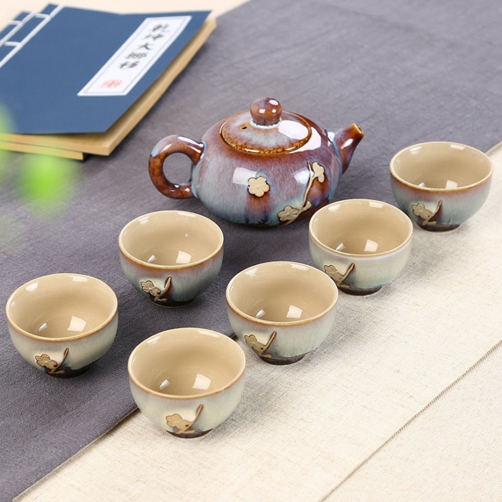 7Dbs Teakészletek Kreatív, Kézzel Festett Retro Dombormű Finom Teakészlet 6 Csésze 1 Tea Edénykészlet Kung Fu Tea Csésze Egyedi Ajándék
