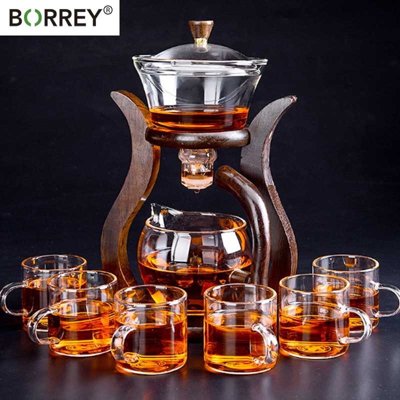 Borrey Glass Félig Automatikus Teakészlet Török ​​Csepegtető Tea Ceremónia Gaiwan Tea Teáskanna És Teáscsésze Erdős Állvány Kung Fu Teakészlettel
