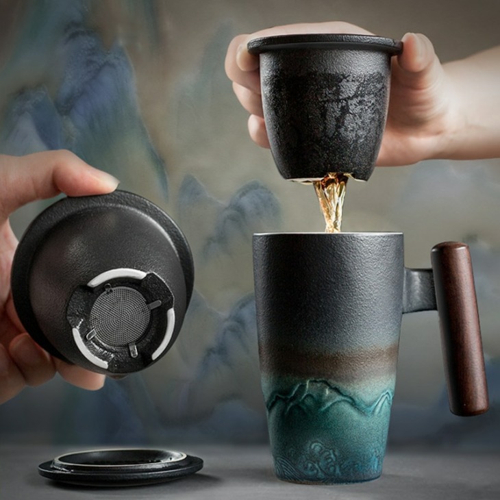 Kerámia Szűrő Tea Csésze Kézzel Készített Bögre Irodai Teáscsésze Fedél Kék Kreatív Csészékkel És Bögrékkel Dehua Szépség Üvegezett Retro Csésze Kávé