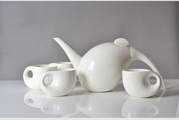 Plain-white-bone-china-tea-pot-cup-set-water-drop-shape-five-piece-set-english-tea Sima Fehér Csont Tea Edény És Csésze Szett, Vízcsepp Alakú, Öt Darabból Álló Angol Teáskészlet, Teáskanna Tea, Kerámia Kávéfőző - Image 1