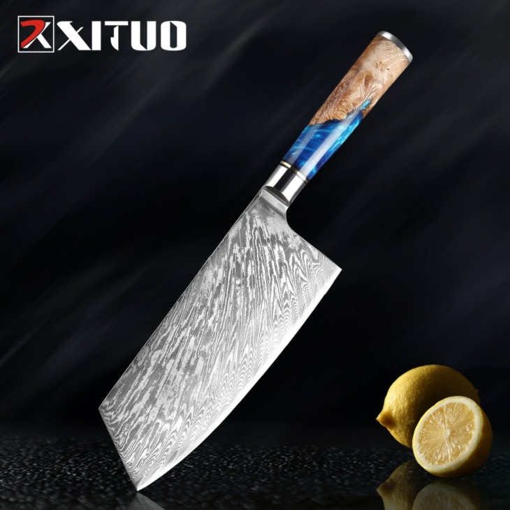 XITUO-67-Layers-Japanese-Damascus-Steel-VG10-Chef-Knife-Cleaver-Kitchen-Knife-Blue-Resin-Color-Wood Xituo 67 Rétegek Japán Damaszkusz Acél Vg10 Séf Kés Cleaver Konyhai Kék Gyanta Fa Fogantyú Otthoni Főzési Szerszámok - Image 1