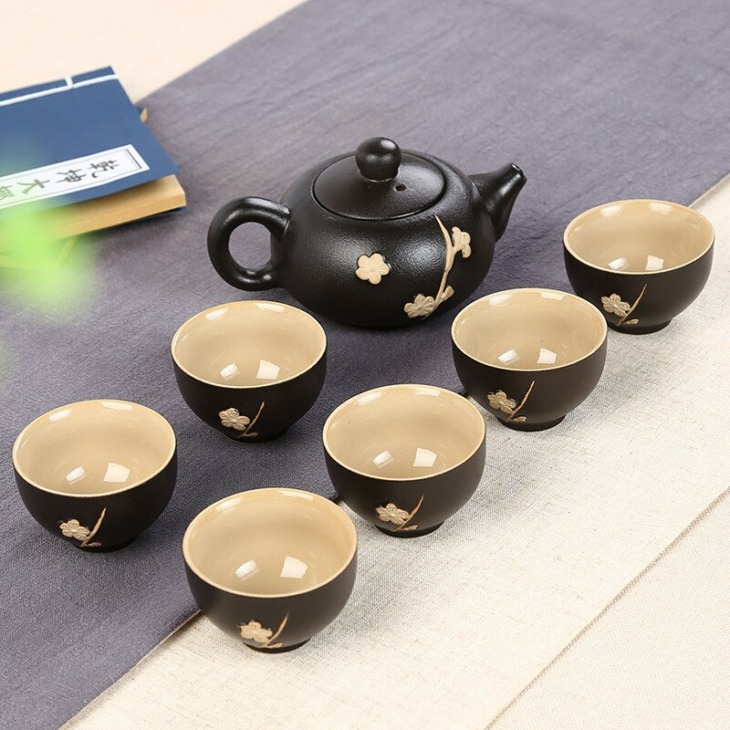 7Dbs Teakészletek Kreatív, Kézzel Festett Retro Dombormű Finom Teakészlet 6 Csésze 1 Tea Edénykészlet Kung Fu Tea Csésze Egyedi Ajándék