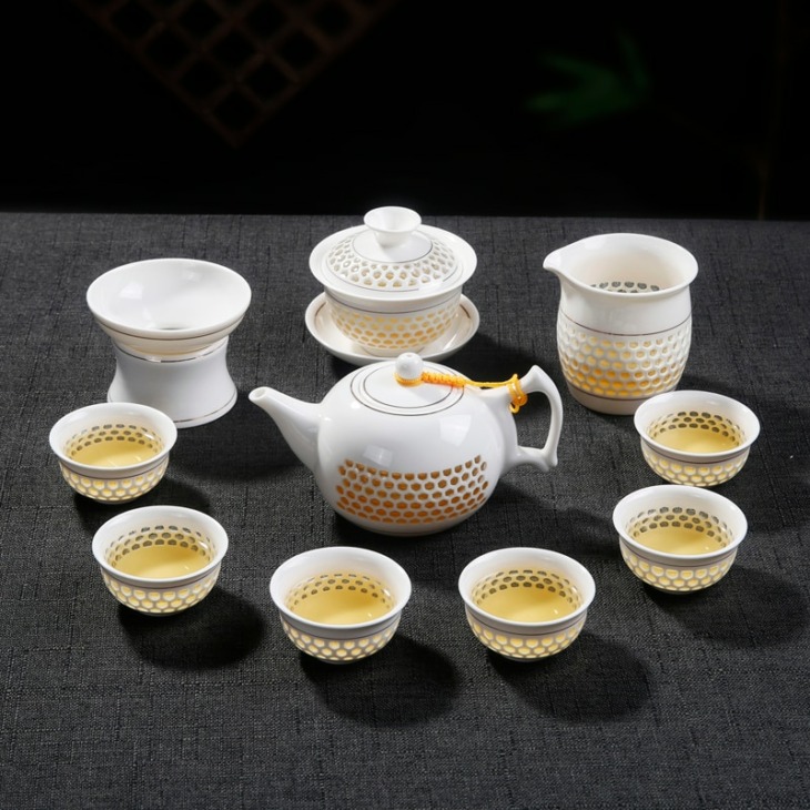Kreatív Kínai Kerámia Kék És Fehér Porcelán Üreges Méhsejt Üveg Kerámia Gaiwan Teáskanna Kung Fu Tea Szett Puer Tea Csésze