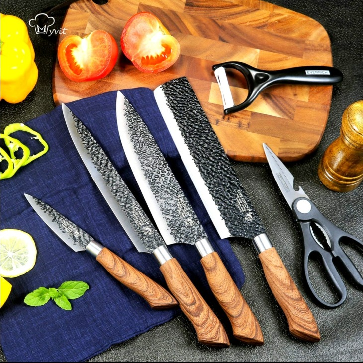 6PCS-Kitchen-Knives-Set-Chef-Knife-Forged-Cleaver-with-Scissors-Ceramic-Peeler-Slicer-Nakiri-Paring-Knife 6 db Konyhai Kések Set Séf Kés Kovácsolt Ollóval, Kerámia Hámozó Szeletelő Nakiri Paring Kést Tok - Image 1