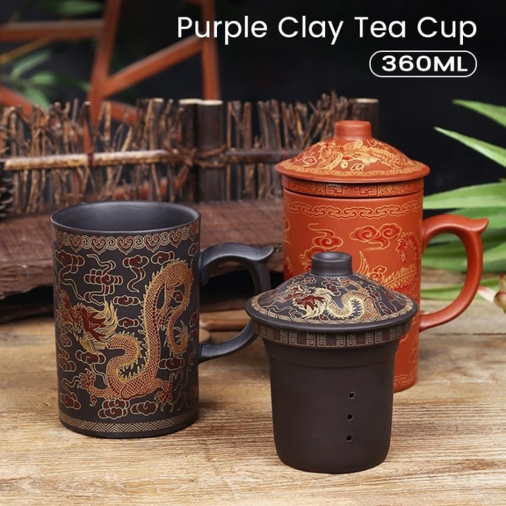Kézzel Készített Retro Kínai Sárkány/Szépség Lila Agyag Bögre Fedéllel És Tea Infúziós Szűrő Tea Csésze Iroda Vízkupa Ajándék Kávé Bögre