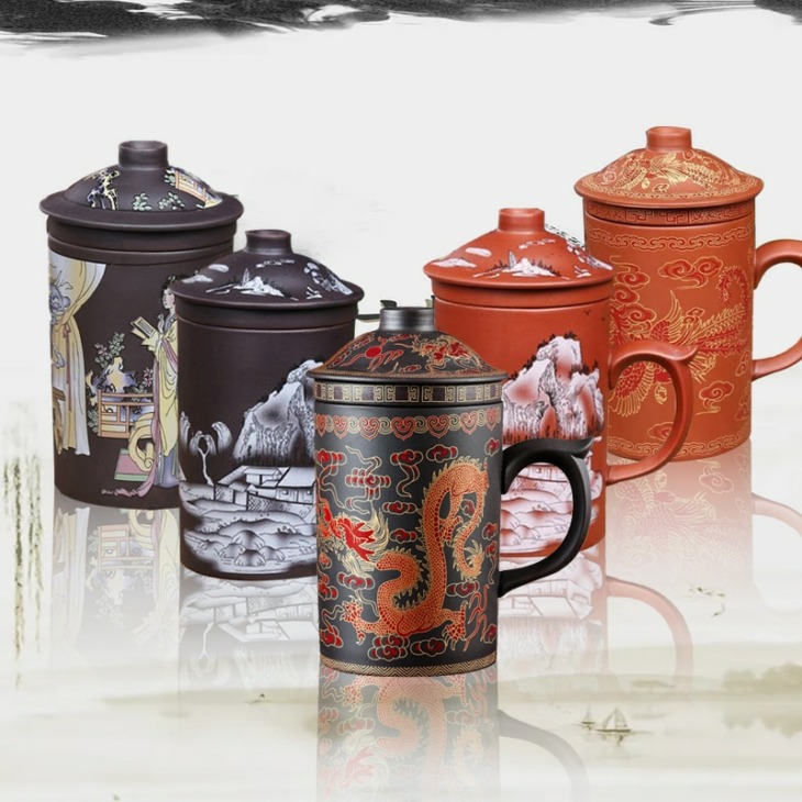 Kézzel Készített Retro Kínai Sárkány/Szépség Lila Agyag Bögre Fedéllel És Tea Infúziós Szűrő Tea Csésze Iroda Vízkupa Ajándék Kávé Bögre