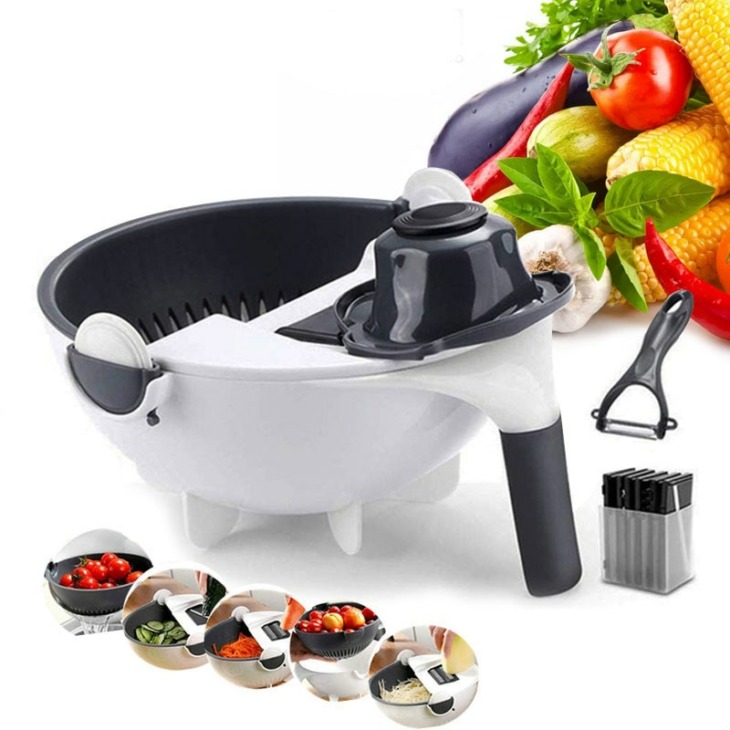9-in-1-Multifunctional-Magic-Rotate-Vegetable-Slicer-Potato-Peeler-with-2L-Drain-Basket-Veggie-Fruit 9 Az 1 -Ben Multifunkcionális Mágia Forgatható Zöldségszeletes Burgonya Hámozó, 2L Lefolyó Kosár Veggie Fruit Shredder Reszelő Szeletelő Készlet - Image 1
