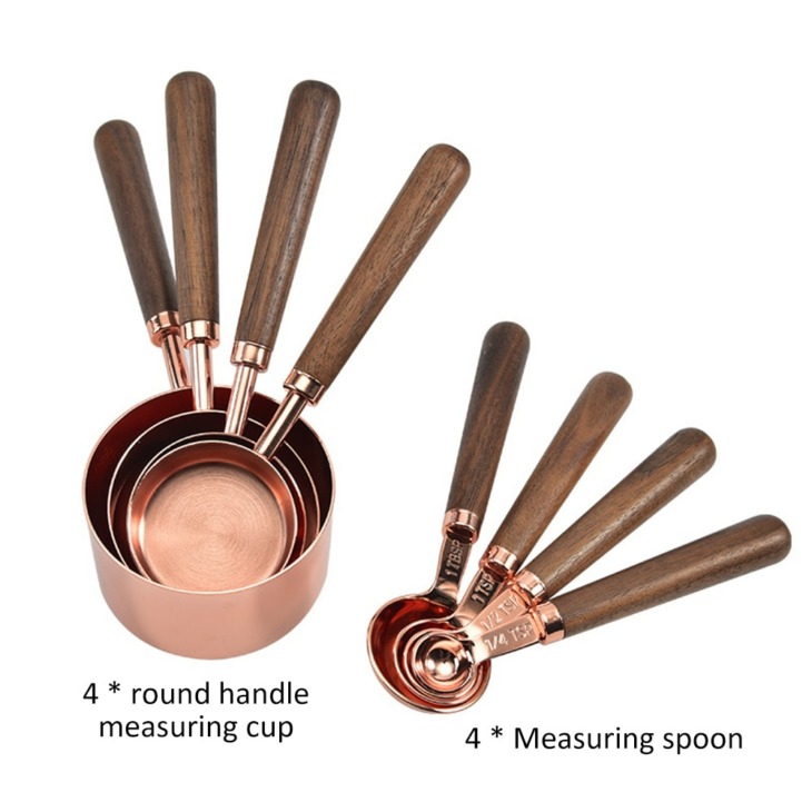 8pcs-Kitchen-Measuring-Tool-Plating-Measuring-Cups-Spoon-Walnut-Wooden-Handle-Rose-Gold-Measuring-Cups-Measuring 8Db Konyha Mérő Szerszámlemez Mérőpohár Kanál Dió Fa Fogantyú Rózsa Arany Mérő Csészék Mérő Kanál Kanál Kanál - Image 1