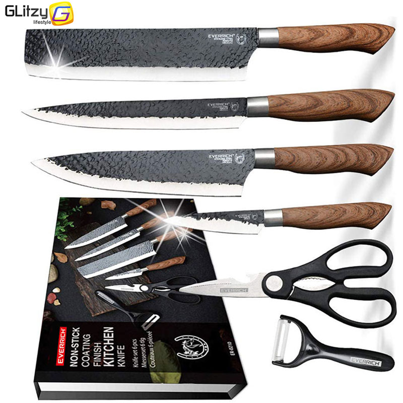 Kitchen-Knife-6-Pieces-Set-Stainless-Steel-Forged-Meat-Cleaver-Scissors-Ceramic-Peeler-Chef-Carving-Slicer Konyhai Kés 6 Darab Set Rozsdamentes Acél Kovácsolt Hús Hasító Olló Kerámia Hámozó Séf Faragó Szeletelő Főző Szerszámok - Image 1