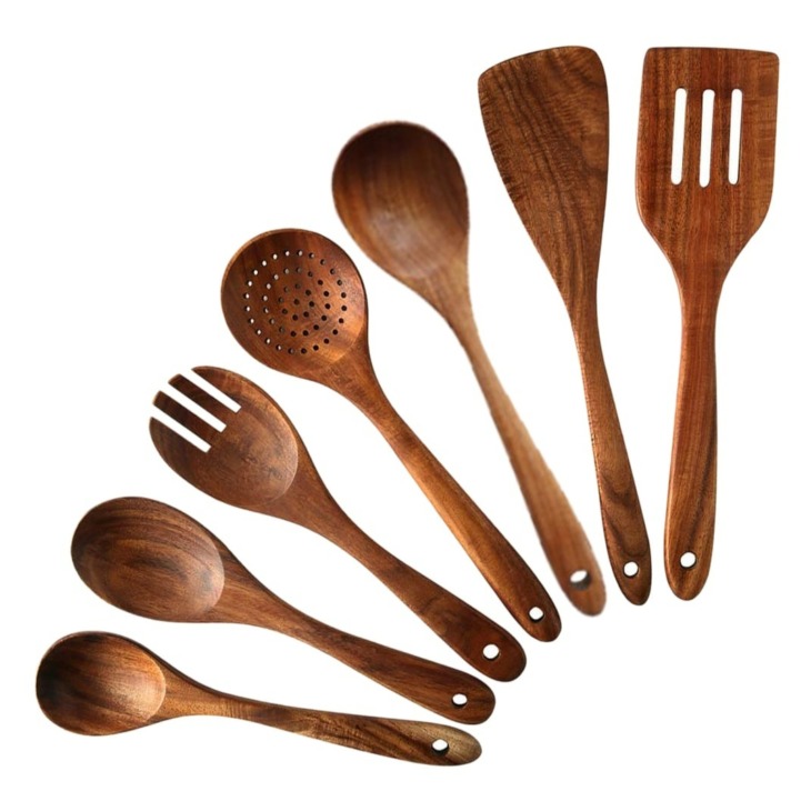 7-PCS-Teak-Wooden-Kitchen-Cooking-Utensils-Non-Stick-Spoons-and-Spatula-Cookware-for-Home-and 7 Db Teak Fából Készült Konyhai Főzőedények Nem Tapadó Kanál És Spatula Edények Otthoni És Konyhához - Image 1