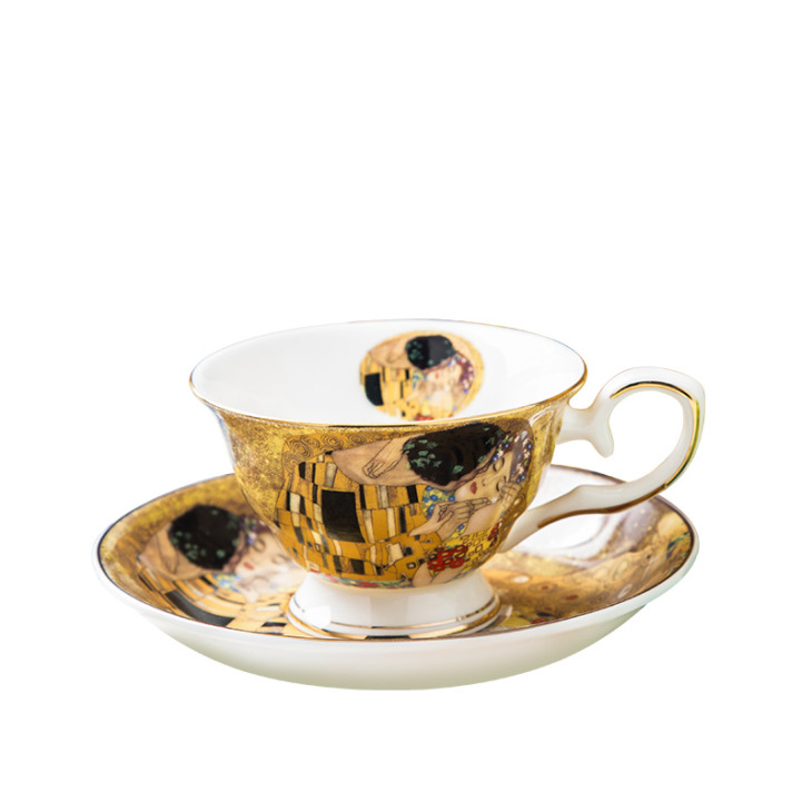 Klimt-classic-kiss-design-coffee-cup-and-tea-saucer-ceramic-bone-china-coffee-cup-ceramic-set Klimt Classic Kiss Design Coffee Csésze És Tea Csészealj Kerámia És Csont Kávéscsésze Kerámia Készlet - Image 1