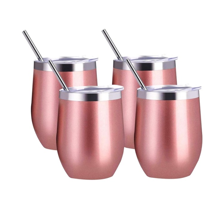 4-Pack-12-Oz-Stainless-Steel-Stemless-Wine-Gl-Mug-with-4-Straws-Insulated-Thermal-Wine 4 Csomag 12 Uncia Rozsdamentes Acél Szár Nélküli Bor Gl/Bögre, 4 Szalmával Szigetelt Hőkorral, Fedelekkel A Kávéhoz - Image 1