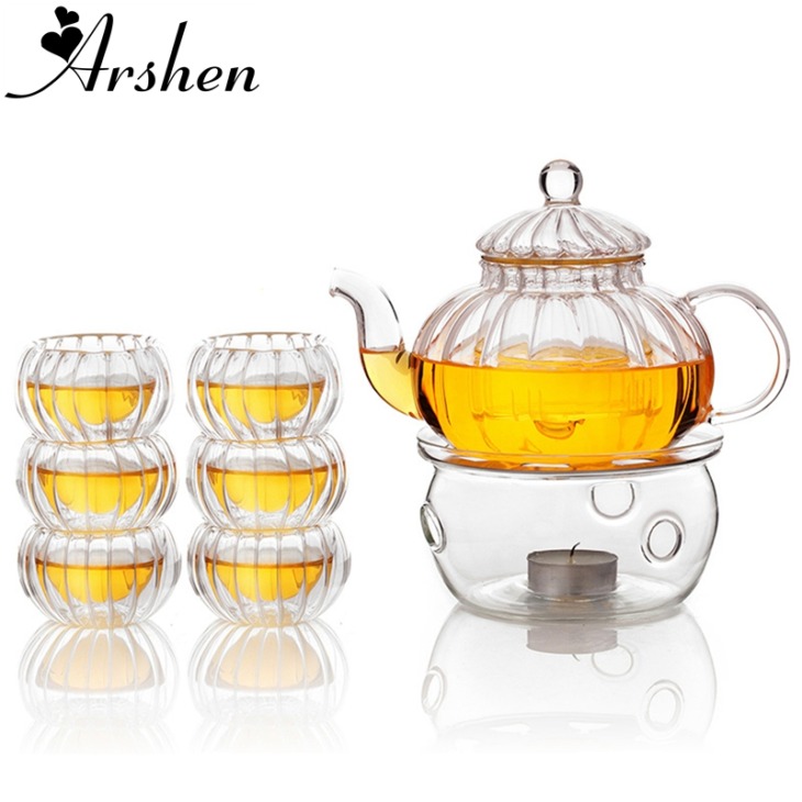 Arshen-Pumpkin-Shape-Teaware-Set-Heat-Resistant-Glass-600ML-Teapot-Set-Infuser-Teapot-with-Warmer-and Arshen Pumpkin Shape Teare-Készlet Hőkezelő Üveg 600 Ml Teáskanna Set Infuser Teáskanna Melegebb És 6 Db Dupla Fali Tea Csészékkel - Image 1