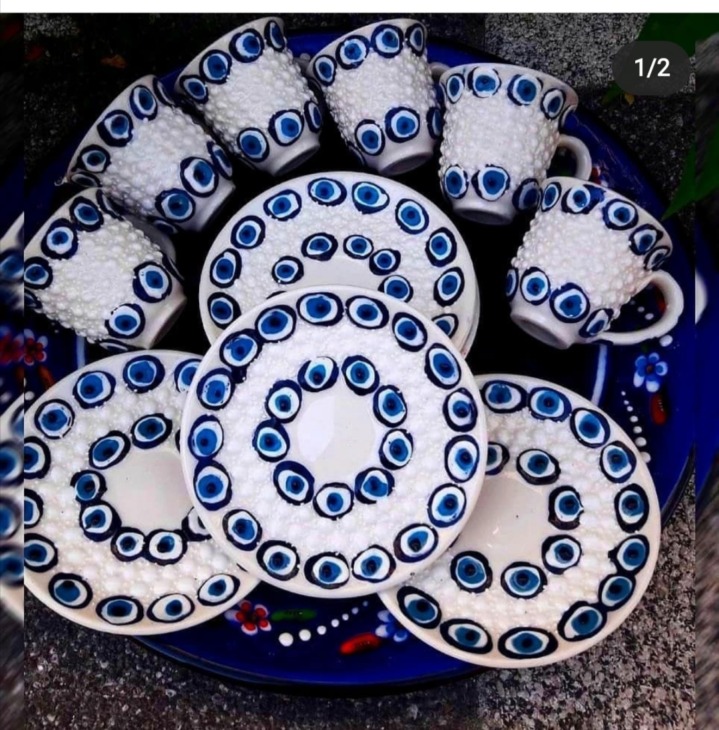 Evil-Eye-Designed-Turkish-Ceramic-Coffee-Set-Six-Pieces A Gonosz Szem Által Tervezett Török Kerámia Kávé Hat Darabot Szett - Image 1