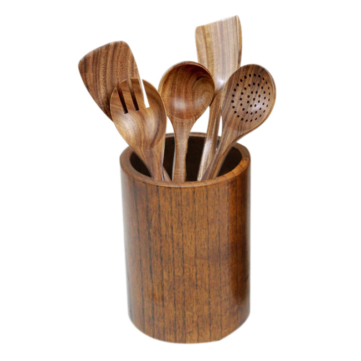 New-Wooden-Cooking-Utensils-for-Kitchen-with-Storage-Bucket-for-Cooking-Tools-for-Nonstick-Cookware-Natural Új Fa Főzőedények Konyhához, Tároló Vödörrel, Főzőszerszámokhoz Nem Tapadó Edényekhez, Természetes Teak Fa, 6 Csomag - Image 1