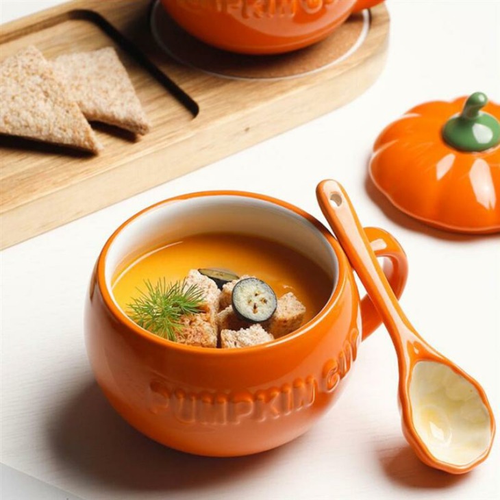 2Db Pumpkin Cups Kerámia Csésze Halloween Csésze Kanállal Konyhai Italfogyasztókkal Kanál Nélkül (Narancs) - Image 2