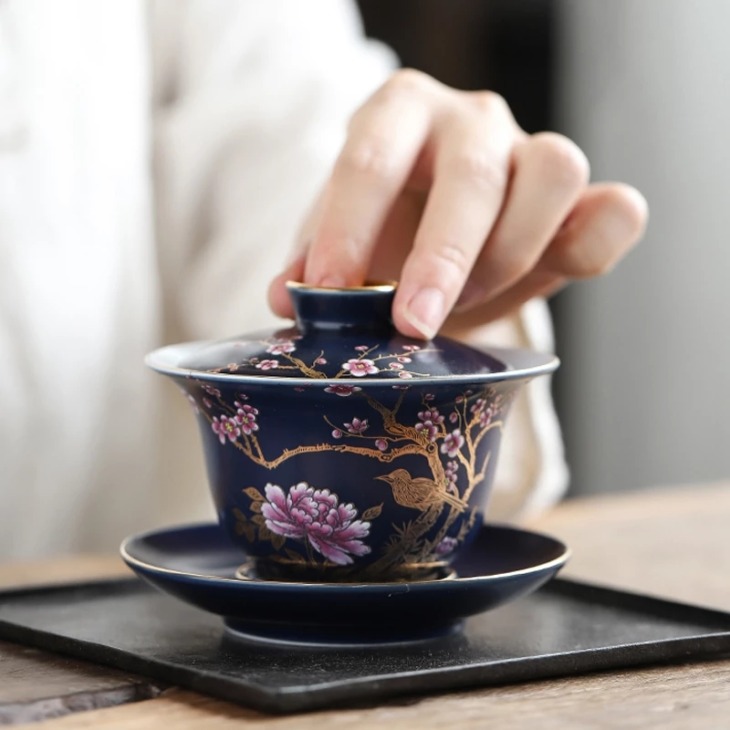 Kerámia Gaiwan Porcelán Vázlat Az Arany Művészeti Madár Virágpohár Fedéllel Borítóval Csészealj Készlet Mester Tea Szett Italdekoráció Kézműves - Image 1