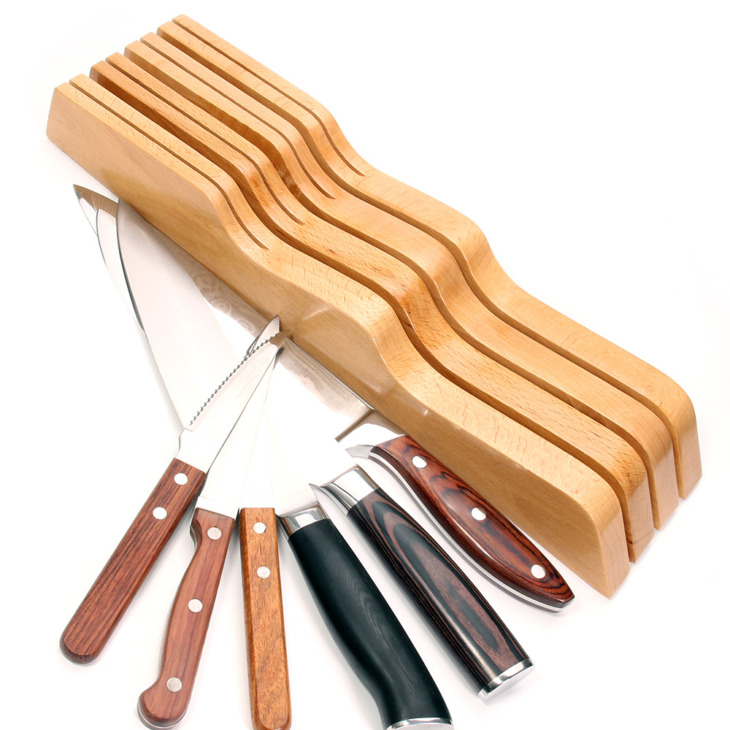 In-Drawer-Wood-Knife-Block-Home-Chef-Knife-Organizer-and-Holder-7-Slot Játékos Fa Késblokk, Otthoni És Séf Késszervező És Tartó, 7 Nyílás - Image 1