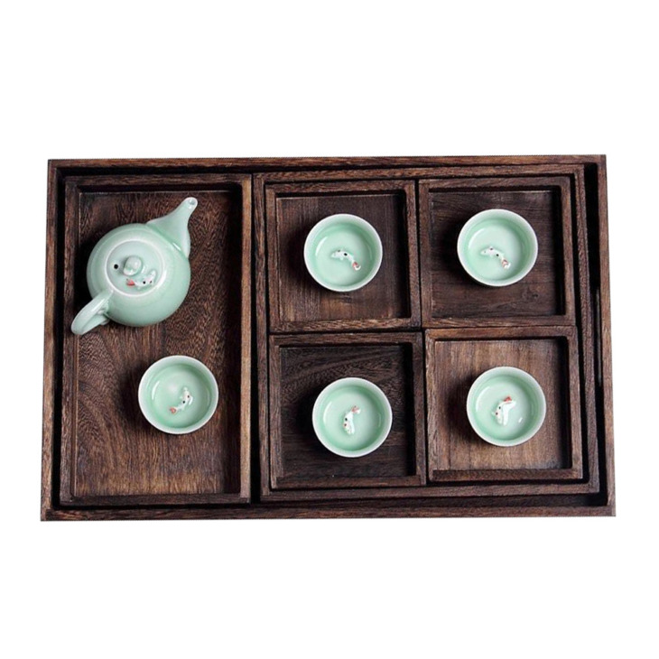 7Db/Set Égett Színű Vintage Fa Tea Tálca Retro Paulownia Teakészlet Szállodai Gyümölcs Desszert Tálca Tea Tányérkészlet - Image 4