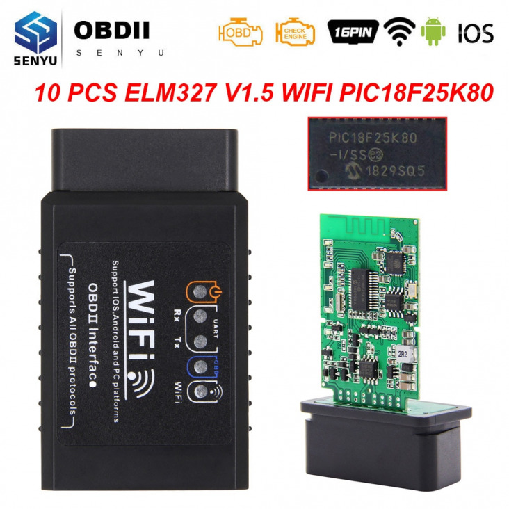 10Pcs Elm 327 V1.5 Wifi Obd2 Wifi Szkenner Pic18F25K80 Odb2 Elm327 V1.5 Wifi Android / Ios Obd 2 Obd2
