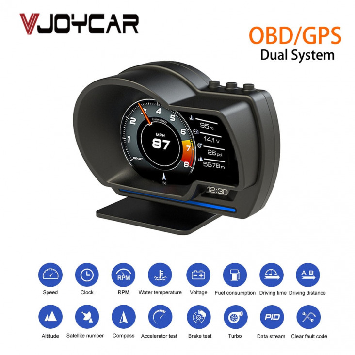 Vjoycar V60 Kettős Rendszer Head Up Kijelző Obd2 Hud Gps Digitális Sebességmérő X1 Obd2 Mérőóra Olaj / Hűtőfolyadék Hőmérséklet. Turbo Boost