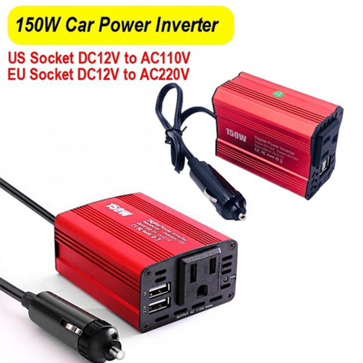 150W Car Power Inverter Inverter Dc 12V To Ac 110V / 220V 2.1A Dual Usb Ports Car Charger Adapter