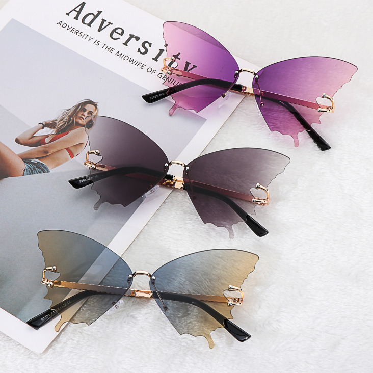 2021 Divat Butterfly napszemüveg női UV-védelem Vintage Metal keret nélküli napszemüveg Karácsonyi dekorációk Motorkerékpár Goggles