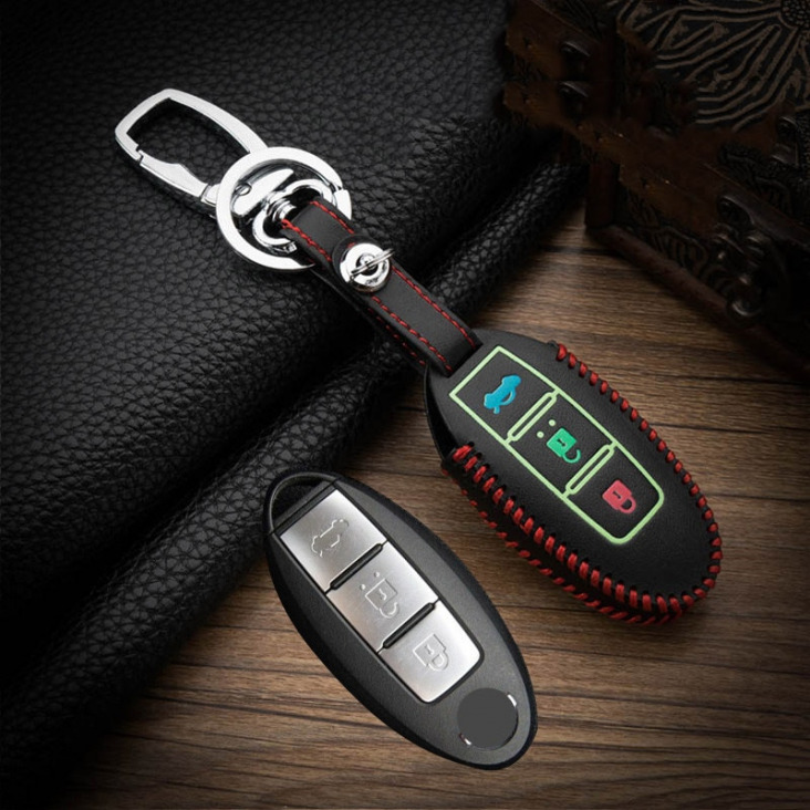 Kézi varrás Luminous felső réteg bőr autó kulcs tok Nissan Tidda Livida X-Trail T31 T32 Qashqai március Juke Pathfinder