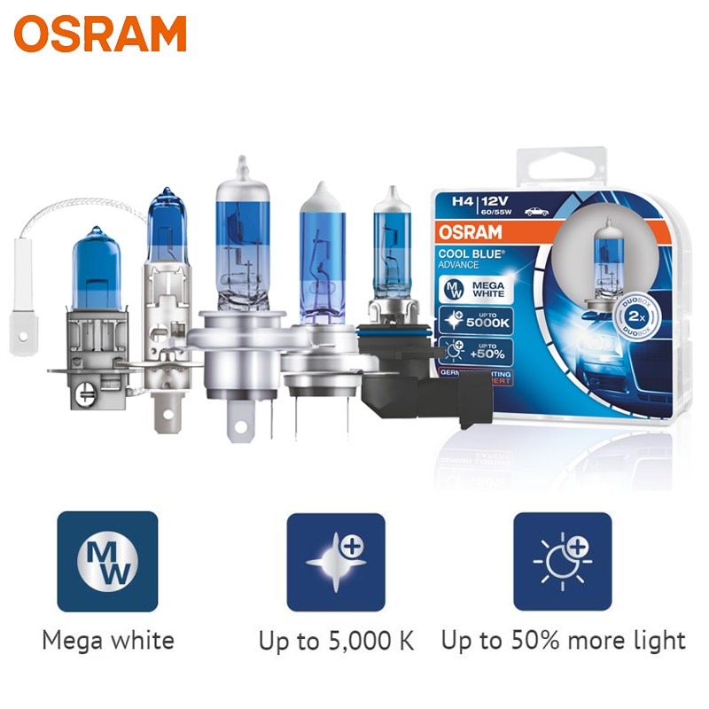 OSRAM H1 H3 H4 H7 H9 H11 9003 9005 9006 HB2 HB3 HB4 Halogén Cool Blue Advance 12V jármű reflektor 5000K Fény 50% -kal fényesebb, pár