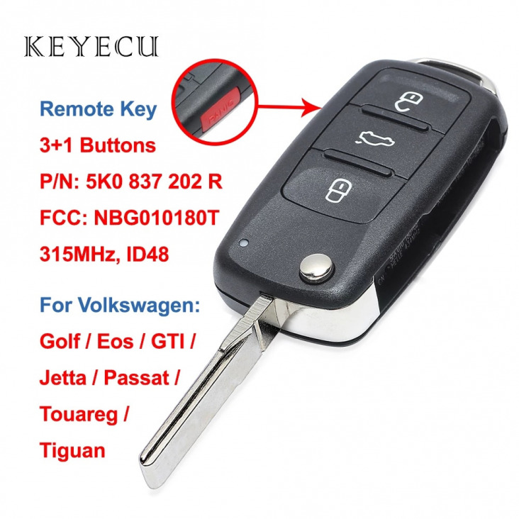 Keyecu Remote Key 3 1 Gombok 315MHz ID48 Volkswagen VW Golf GTI Jetta Eos Passat Touareg Tiguan CC, 5K0837202R, NBG010180T