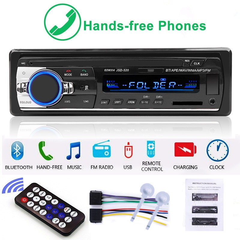 12-24V Autoradio JSD 520 Stereo 1 Din autórádió Bluetooth Fm AUX bemenet vevő Car Truck audio SD USB MP3-Mmc Wma kihangosító