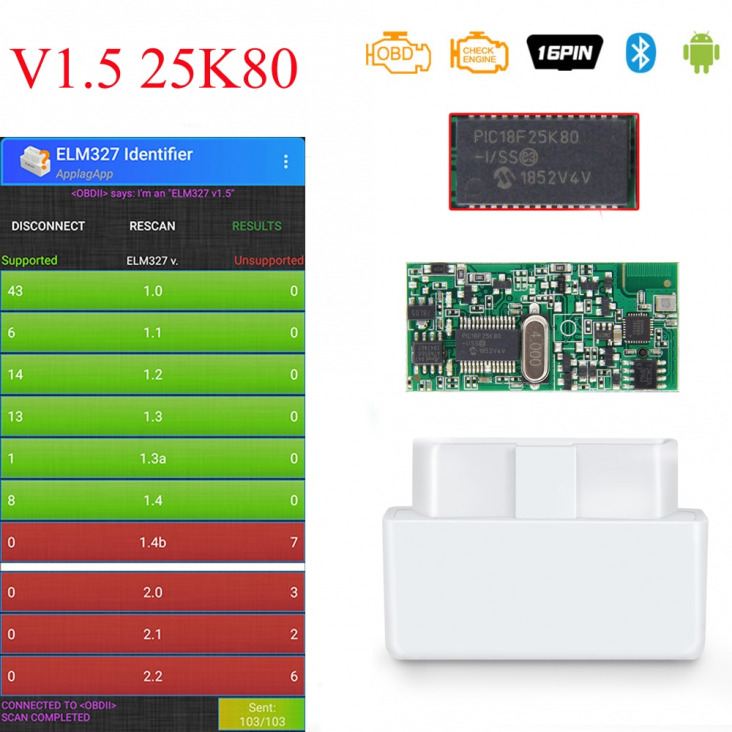 V1.5 Super MINI ELM327 Bluetooth ELM 327 1.5 verzió A PIC18F25K80 Chip OBD2 / OBDII Android Torque Car Code Scanner
