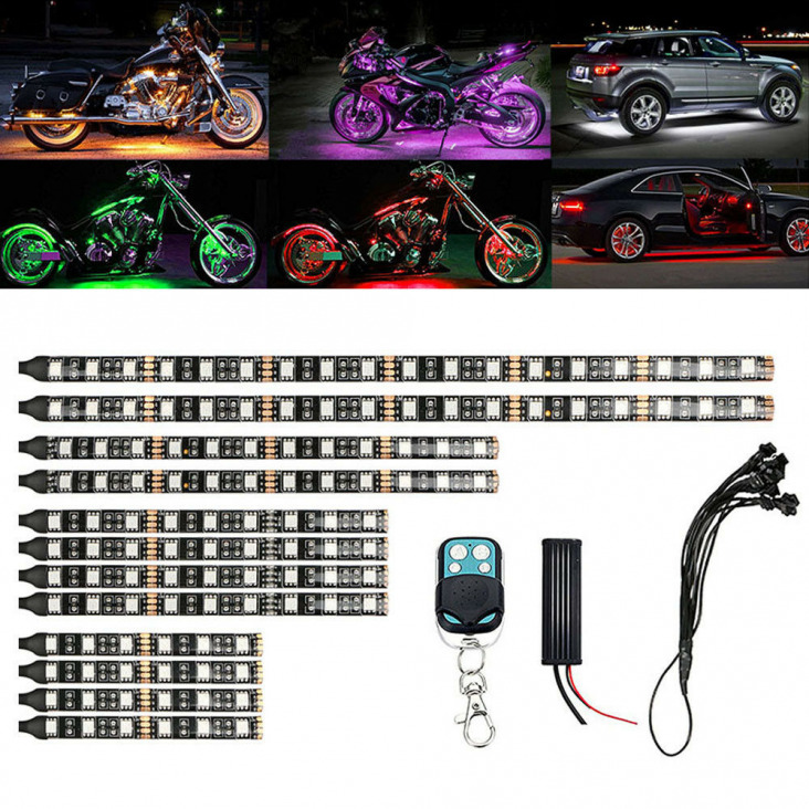 12db Motorkerékpár LED Neon Strip lámpa RGB 15 színben távirányítót Glow Lights 5050SMD LED-es autós Dekoratív fénycsík