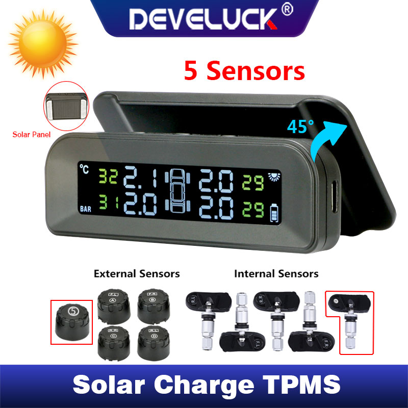 DEVELUCK autó abroncsnyomás-ellenőrző rendszer napenergia állítható LCD-kijelző automatikus fényerő-szabályozás nélküli 5 gumiabroncs TPMS USB
