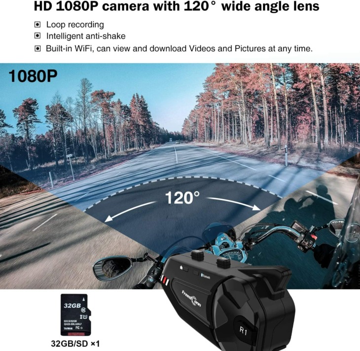 Freedconn R1 Plus Motorkerékpár Bluetooth Intercom 1080P Kamera Felvevővel, 1000M 6 Versenyző Motorkerékpár -Sisak Kommunikációs Fülhallgató