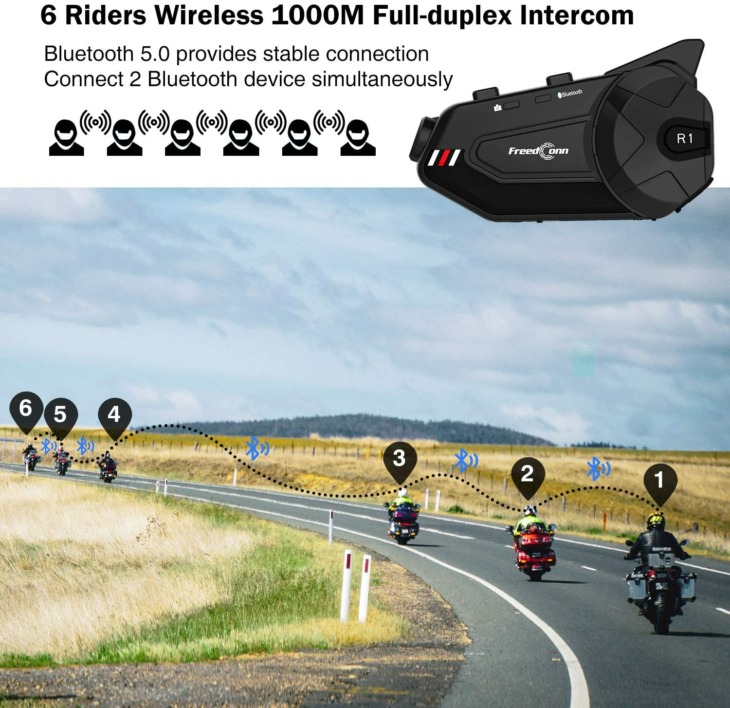 Freedconn R1 Plus Motorkerékpár Bluetooth Intercom 1080P Kamera Felvevővel, 1000M 6 Versenyző Motorkerékpár -Sisak Kommunikációs Fülhallgató