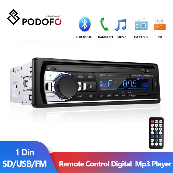 Podofo 1Din Bluetooth Car Radio 1Din Fm Tf Car Stereo Vevő Usb Sd Mp3 Multimédia Autoradio Lejátszó In-Dash Zenei Aux Bemenet