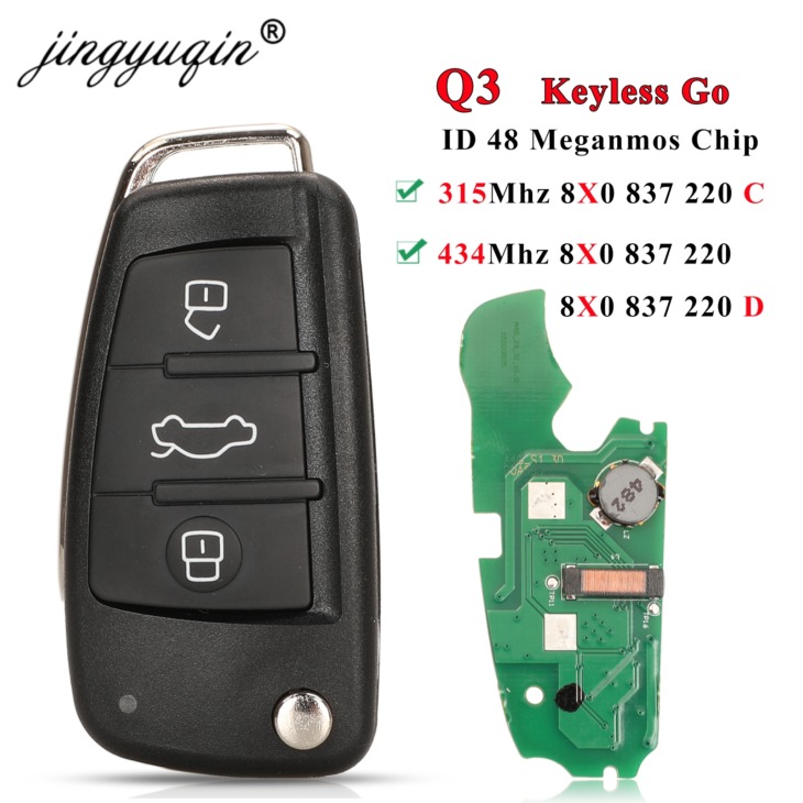 Jingyuqin 3Btn 315Mhz 434Mhz Id48 Keyless Go Proximity Flip Távirányító Kulcs Az Audi A1 Q3 8X0 837 220 8X0837220D 8X0837220C -Hez