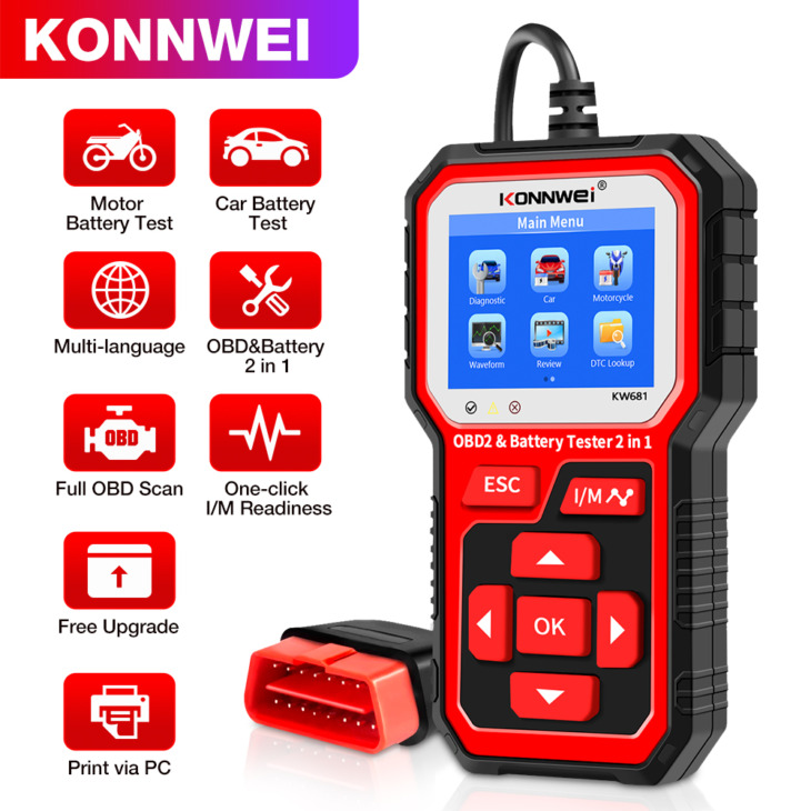 Konnwei Kw681 Obd2 Szkenner 2 -Ből 1 -Ben Akkumulátor Tesztelő Professzionális Autóipari Szkenner Akkumulátor Tesztelő Autó Diagnosztikai Eszköz