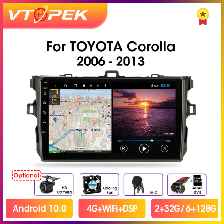 Vtopek 9 "4G Wifi 2Din Android 10.0 Car Radio Multimedia Players Gps Navigáció A Toyota Corolla E140/150 2006-2013 Head Unithez