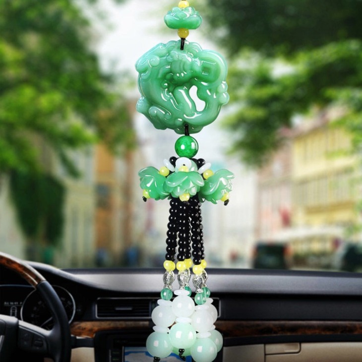 Autó Medál Dupla Jade Buddha Gyöngyös Lógó Díszek Sok Szerencsét Visszapillantó Tükör Bűbáj Felfüggesztési Dekoráció