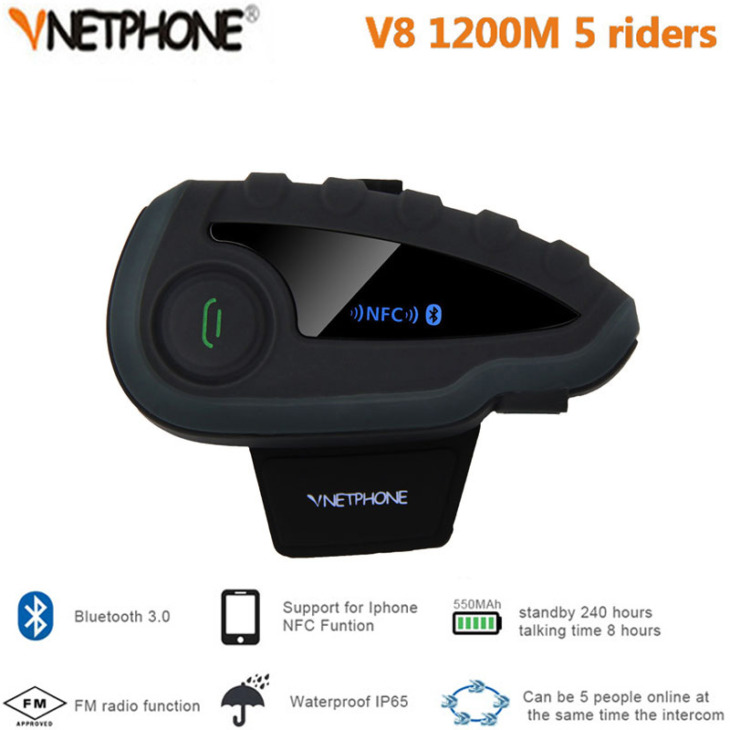 Vnetphone V8 Távirányító Nélkül 1200M 5-Utas Csoportos Beszélgetés Nfc Bluetooth Motorcycle Headset Intercom Fm Rádióval