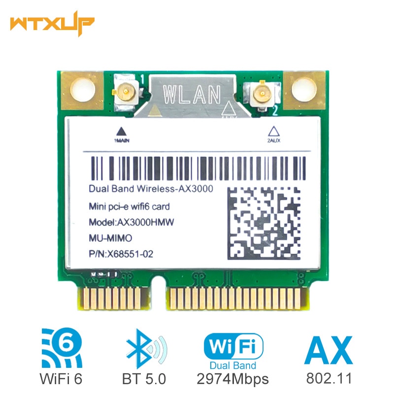 2974Mbps Wifi 6 AX3000 Wireless Half Mini PCI-E hálózati kártya WLAN WiFi Bluetooth 5.0 802.11ax / ac 2,4 GHz / 5 GHz-es adapter MU-MIMO