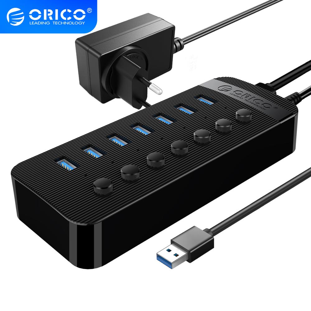 Orico 7 Port Powered USB 3.0 HUB BC1.2 töltő Splitter egyedi On / Off kapcsoló és 12V / 2A hálózati adapter PC számítógép