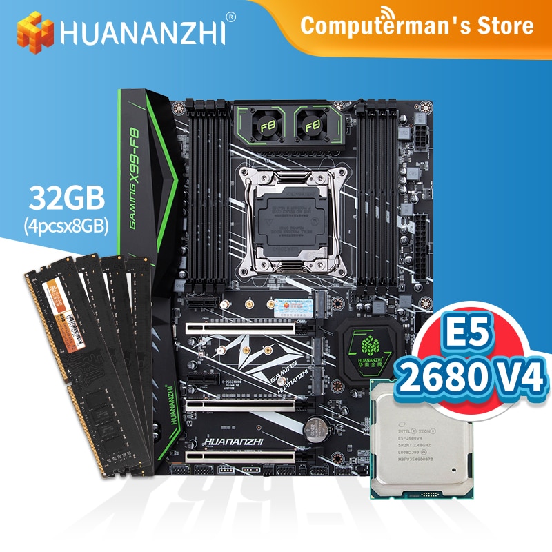 HUANANZHI X99 F8 X99 alaplap combo szett szett CPU Intel Xeon E5 2680 V4 Memory 4 * 8G DDR4 NON-ECC memória 2400 M.2 NVME USB ATX